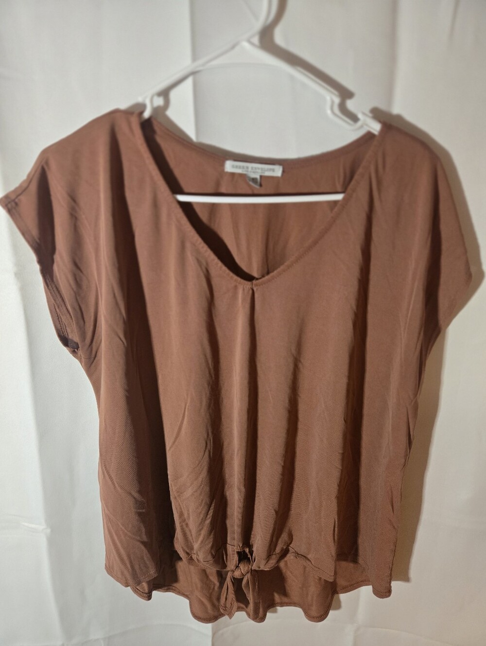 Green Envelope Brown Capped-Sleeve Tie Front Blouse